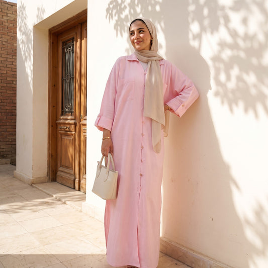 Classic Linen Long Shirt - Elegant Front-Button Maxi Tunic & Modest Dress