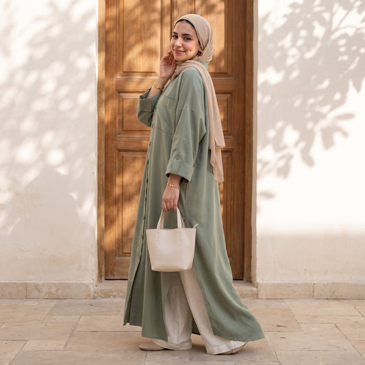 Classic Linen Long Shirt - Elegant Front-Button Maxi Tunic & Modest Dress