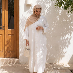 Classic Linen Long Shirt - Elegant Front-Button Maxi Tunic & Modest Dress