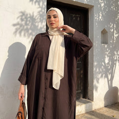 Classic Linen Long Shirt - Elegant Front-Button Maxi Tunic & Modest Dress