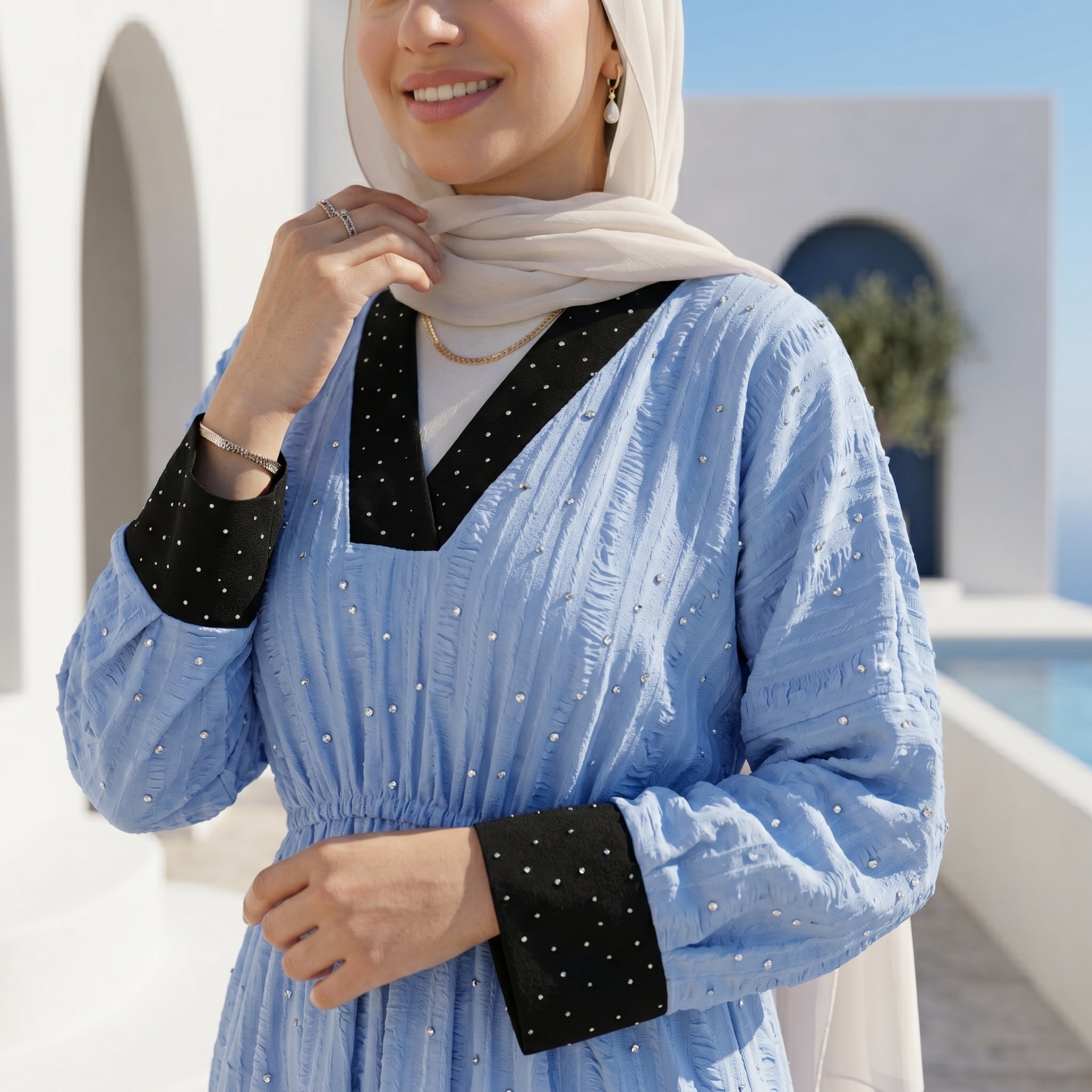 Linen Strass Dress full view | عرض كامل لـفستان كتان بتفاصيل ستراس – view 7 | لقطة 7