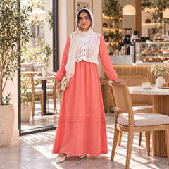 Elegant Modest Dress with Embroidered Lace Vest