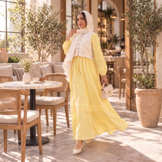 Elegant Modest Dress with Embroidered Lace Vest