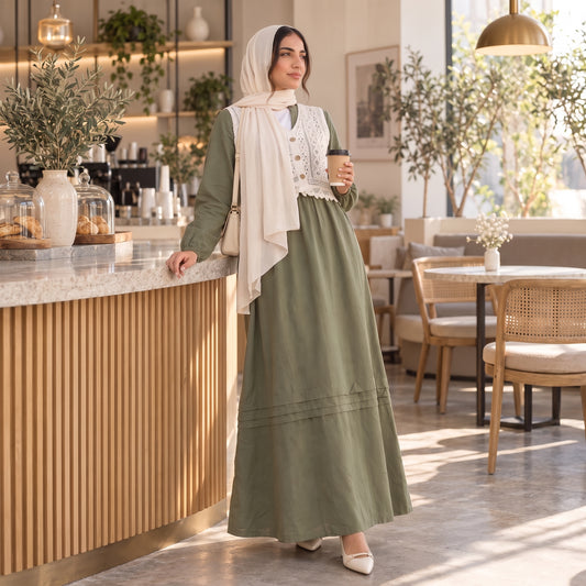 Elegant Modest Dress with Embroidered Lace Vest