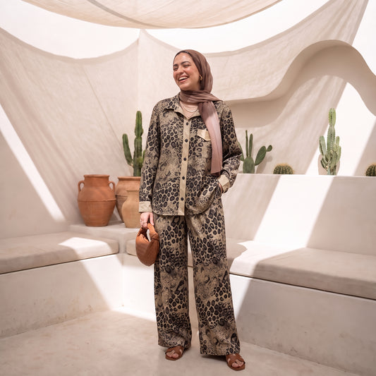 Premium Shimmering Satin Patterned Suit -2-Piece Set