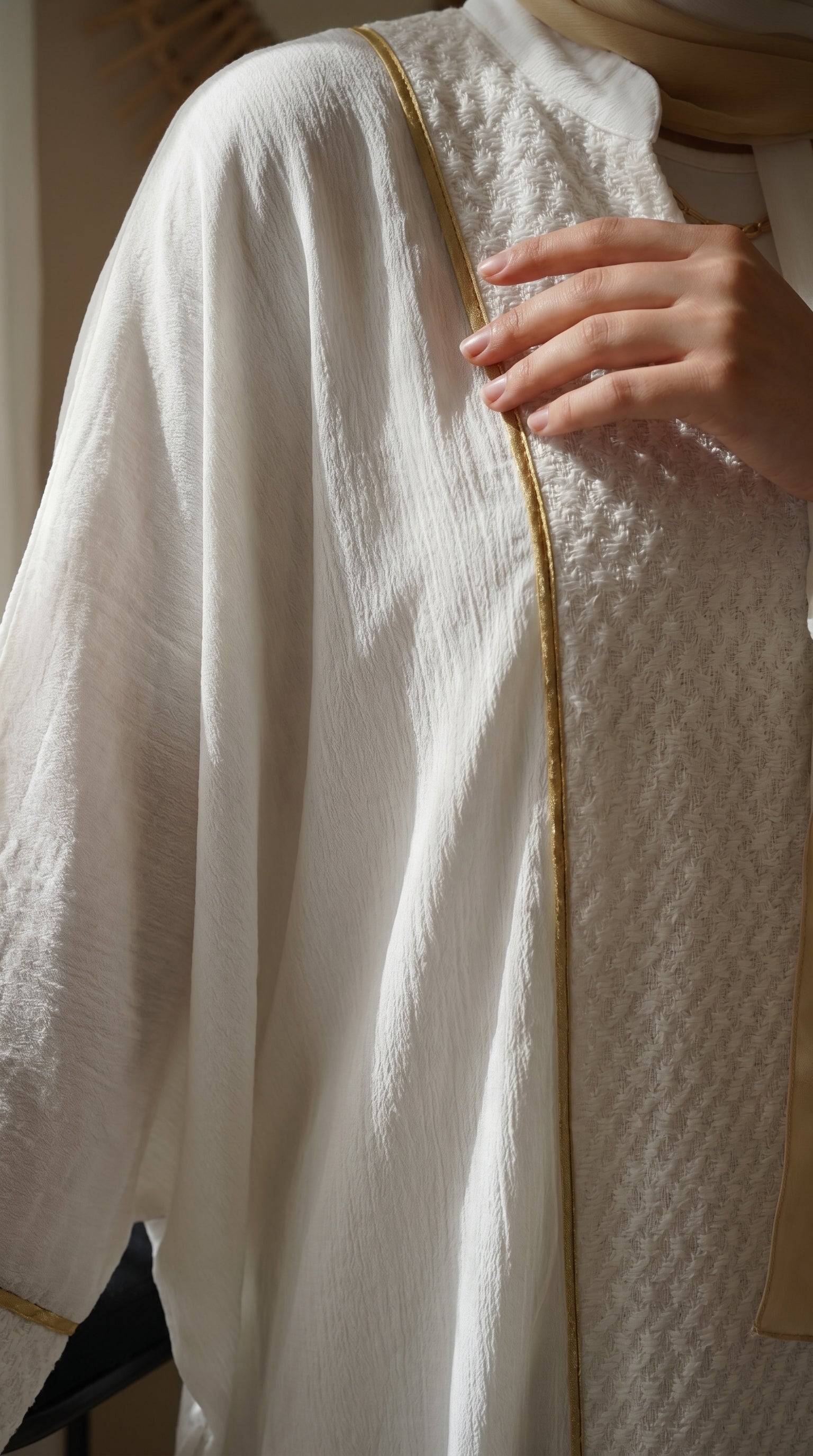 Linen Guipure Abaya with Gold Trim full view | عرض كامل لـعباية كتان وجوبير بحواف ذهبية – view 4 | لقطة 4