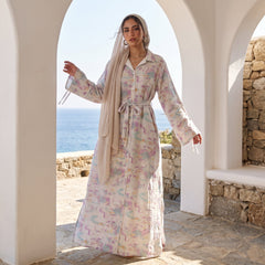 Model wearing Crinkled Linen Belted Dress | عارضة ترتدي فستان كتان مجعد بحزام – view 4 | لقطة 4