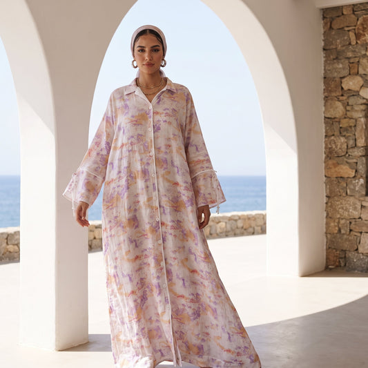 Model wearing Crinkled Linen Belted Dress | عارضة ترتدي فستان كتان مجعد بحزام – view 2 | لقطة 2