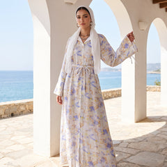 Model wearing Crinkled Linen Belted Dress | عارضة ترتدي فستان كتان مجعد بحزام – view 3 | لقطة 3