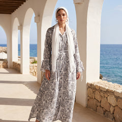 Model wearing Linen Belted Maxi Dress | عارضة ترتدي فستان ماكسي كتان بحزام – view 3 | لقطة 3