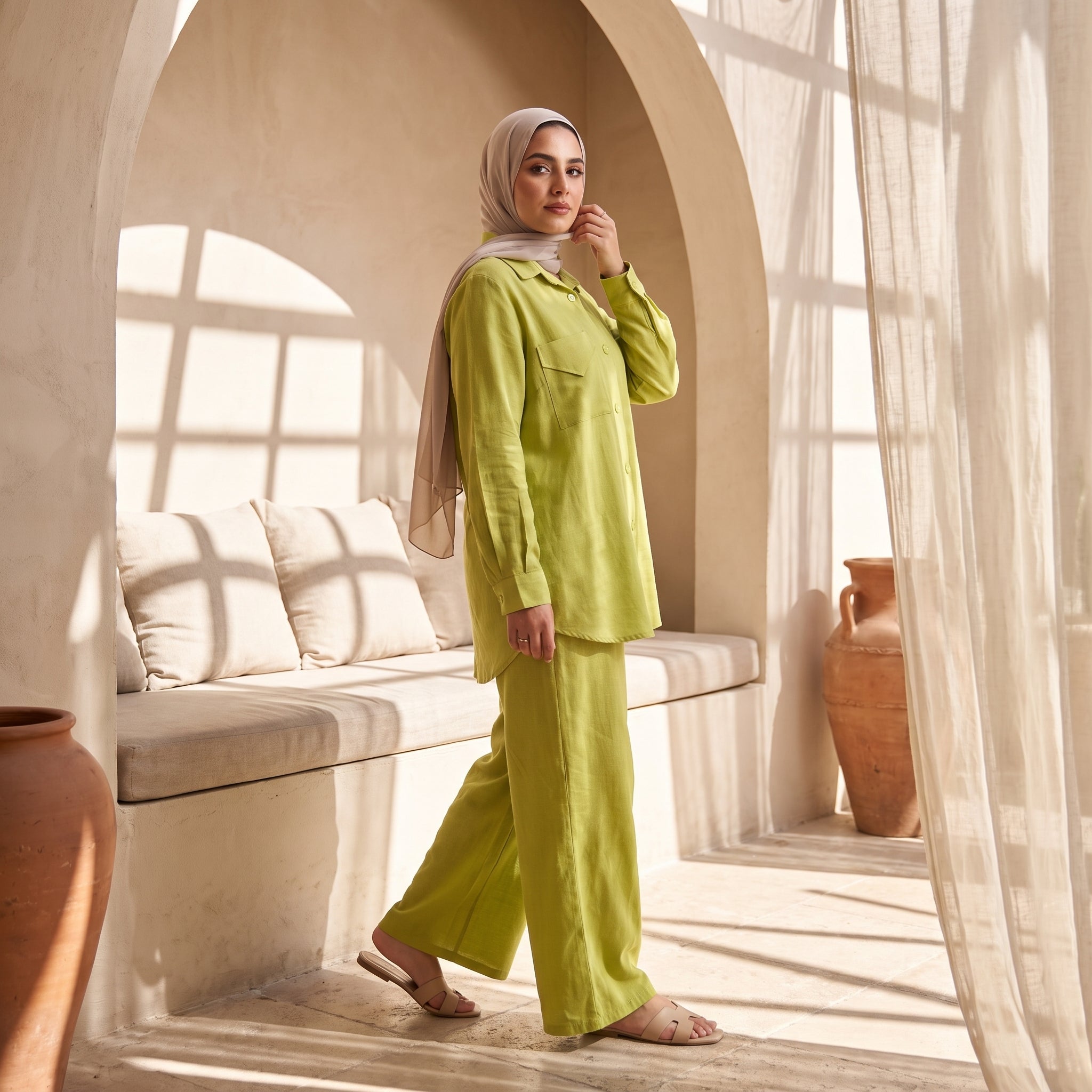 Model wearing Classic Linen Two-Piece Suit | عارضة ترتدي طقم كتان كلاسيكي قطعتان – view 3 | لقطة 3
