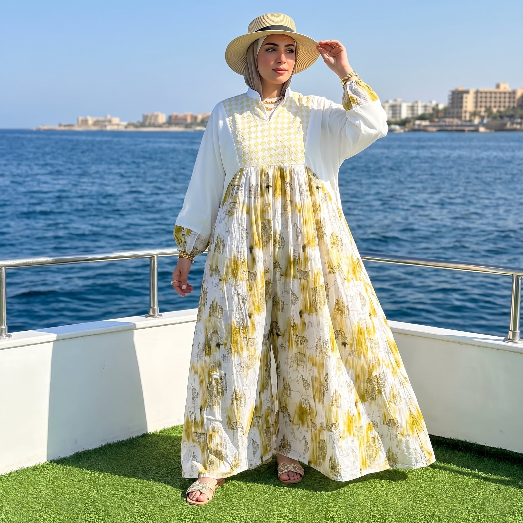 Model wearing Galaxy Print Linen Maxi Dress | عارضة ترتدي فستان ماكسي كتان بطبعة جالاكسي – view 2 | لقطة 2