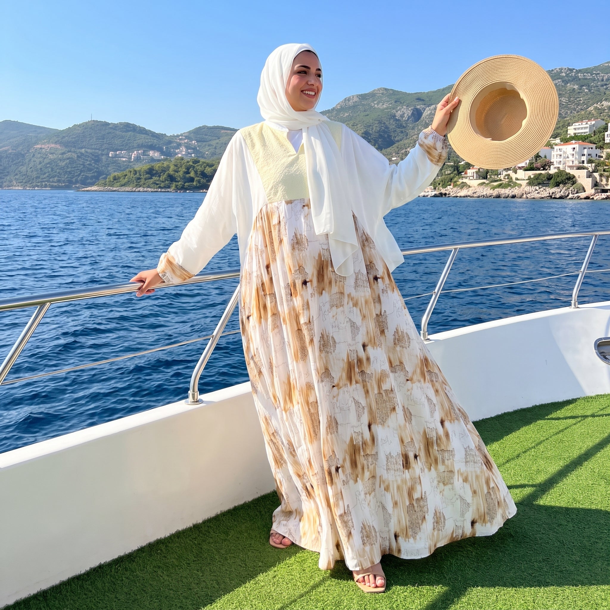 Model wearing Galaxy Print Linen Maxi Dress | عارضة ترتدي فستان ماكسي كتان بطبعة جالاكسي – view 4 | لقطة 4