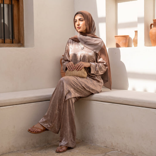 Model wearing Shimmering Linen Two-Piece Suit | عارضة ترتدي طقم كتان لامع قطعتان – view 1 | لقطة 1