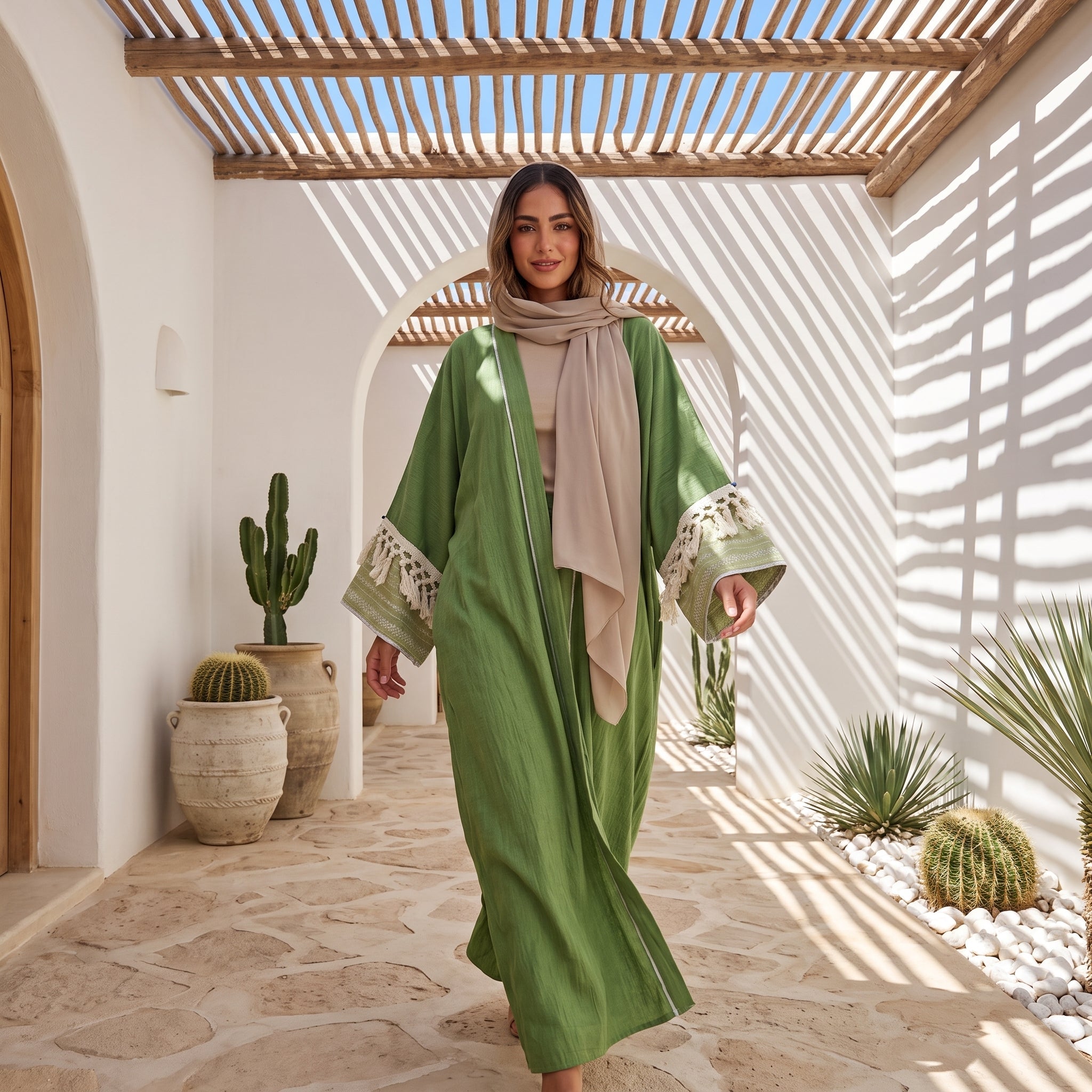 Model wearing Boho Embroidered Linen Cardigan | عارضة ترتدي كارديجان كتان بوهيمي مطرز – view 4 | لقطة 4