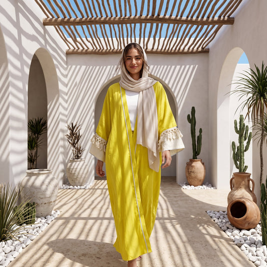 Model wearing Boho Embroidered Linen Cardigan | عارضة ترتدي كارديجان كتان بوهيمي مطرز – view 2 | لقطة 2