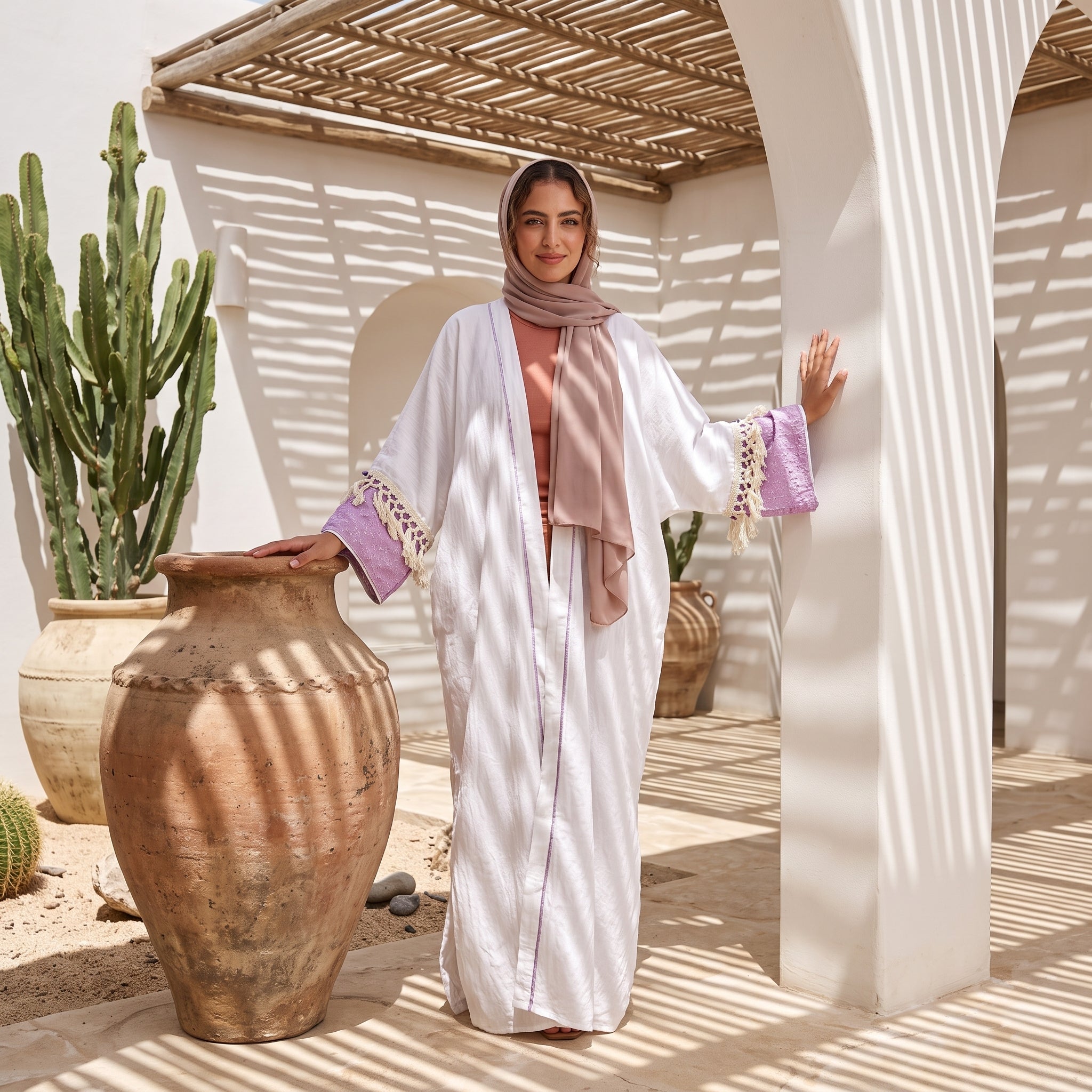Model wearing Boho Embroidered Linen Cardigan | عارضة ترتدي كارديجان كتان بوهيمي مطرز – view 3 | لقطة 3