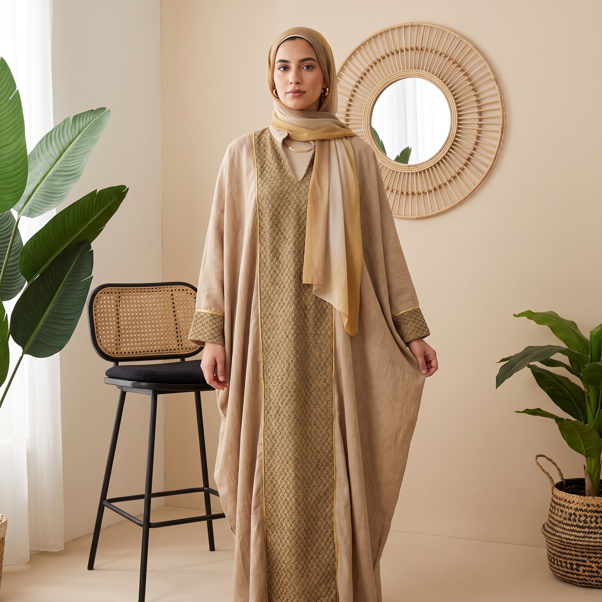 Model wearing Linen Guipure Abaya with Gold Trim | عارضة ترتدي عباية كتان وجوبير بحواف ذهبية – view 5 | لقطة 5