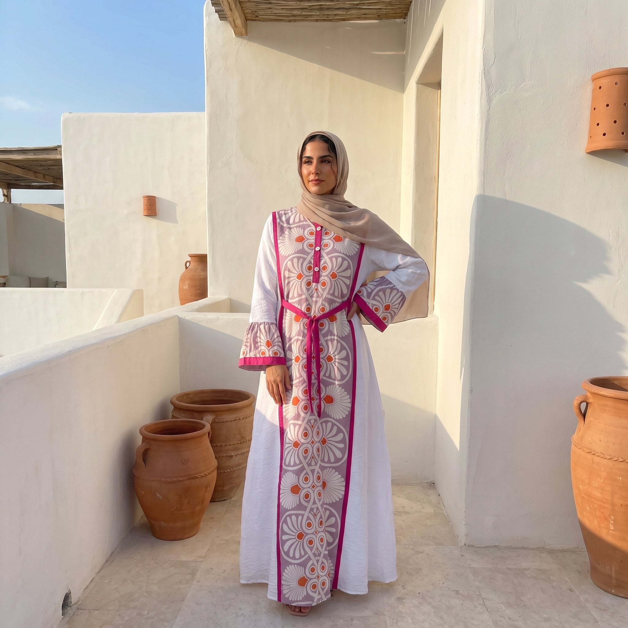 Model wearing Royal X Linen Printed Abaya | عارضة ترتدي عباية كتان رويال X مطبوعة – view 3 | لقطة 3