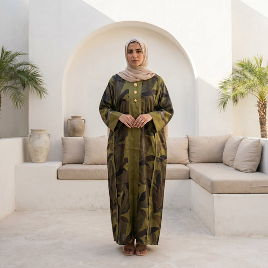 Printed Satin Abaya full view | عرض كامل لـعباية ساتان مطبوعة – view 2 | لقطة 2