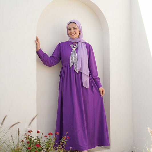 Linen Tie-Neck Dress full view | عرض كامل لـفستان كتان برباط رقبة – view 1 | لقطة 1