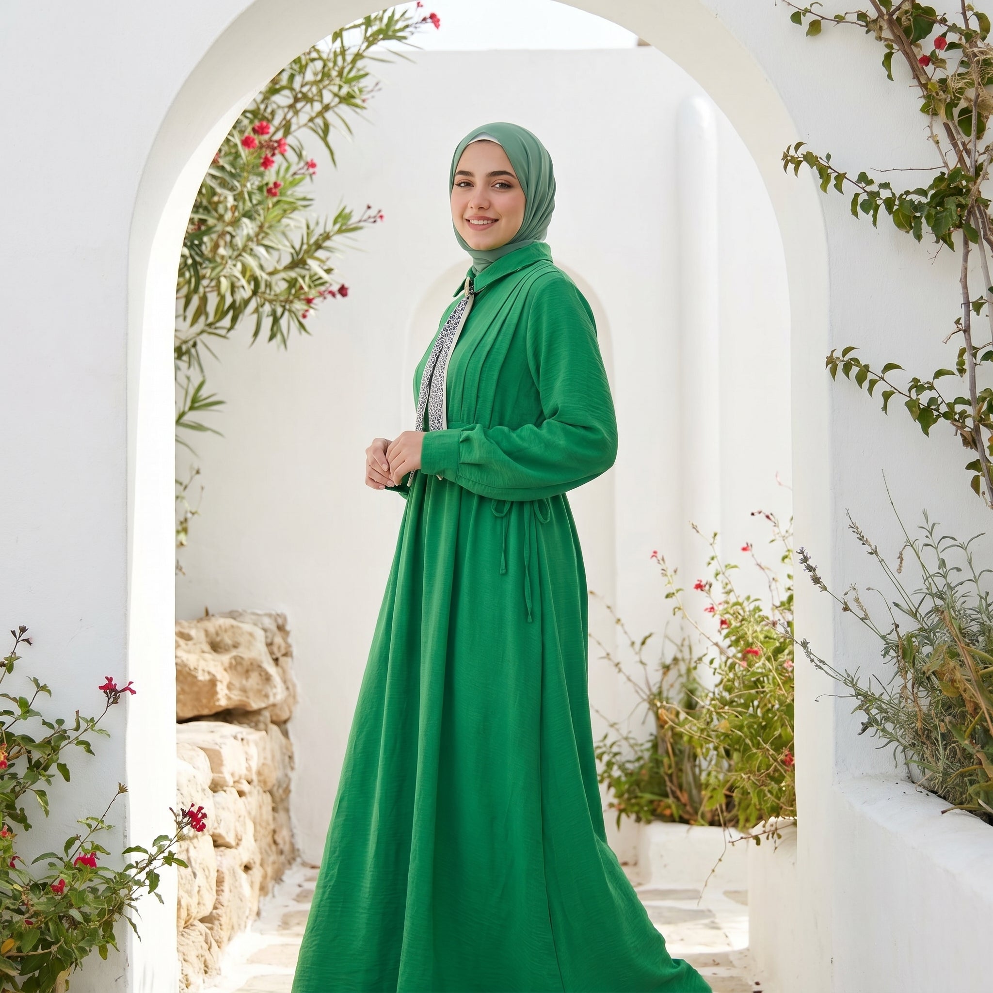 Linen Tie-Neck Dress full view | عرض كامل لـفستان كتان برباط رقبة – view 6 | لقطة 6