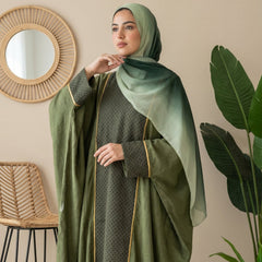 Linen Guipure Abaya with Gold Trim full view | عرض كامل لـعباية كتان وجوبير بحواف ذهبية – view 1 | لقطة 1