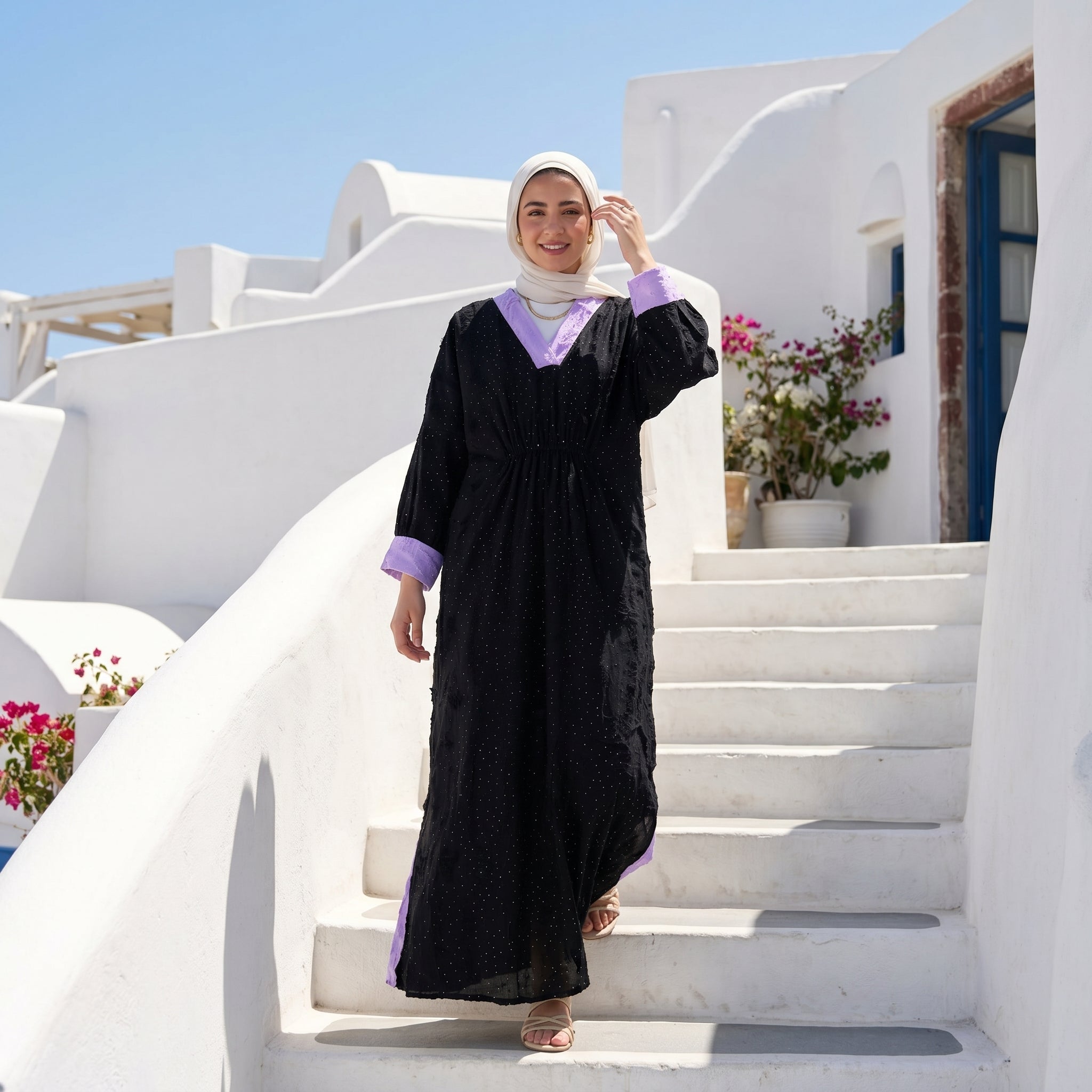 Linen Strass Dress full view | عرض كامل لـفستان كتان بتفاصيل ستراس – view 3 | لقطة 3