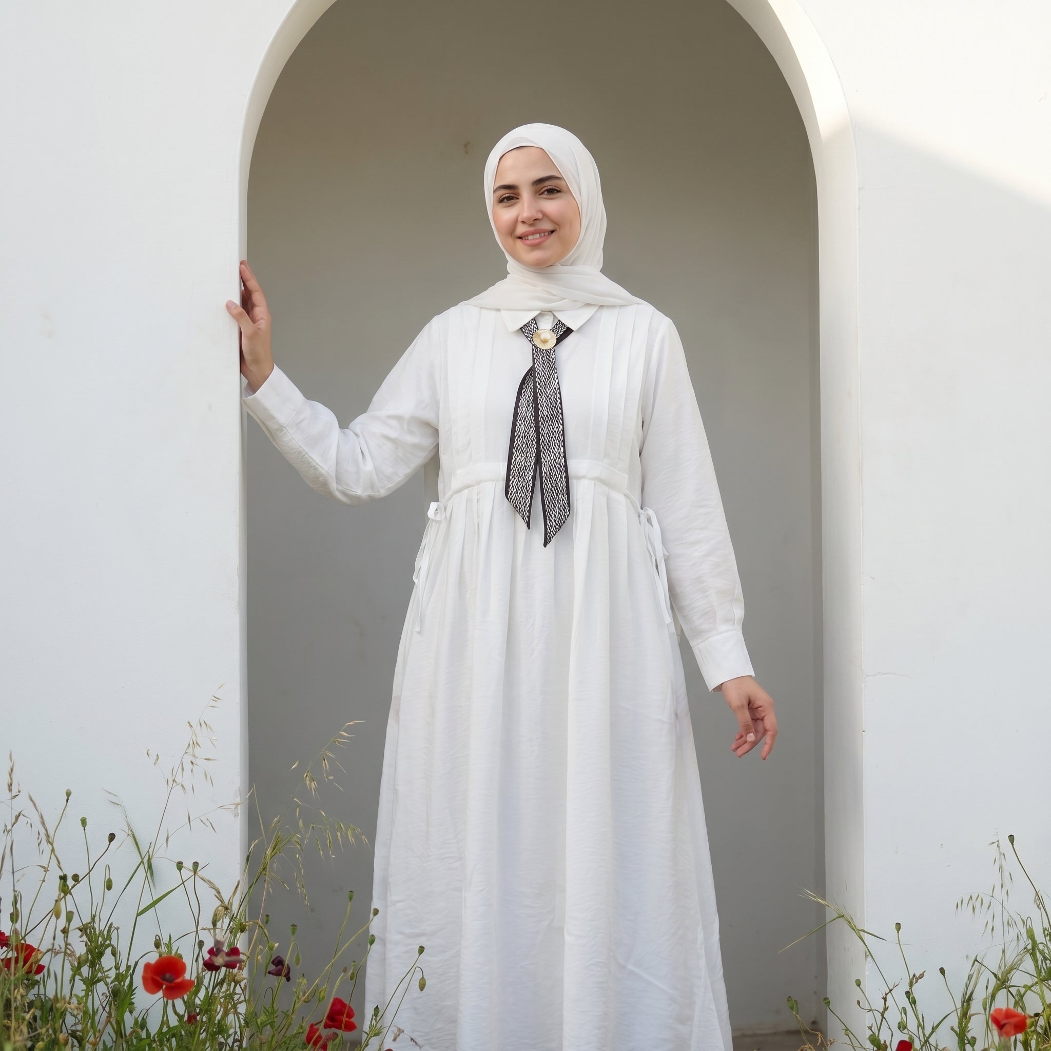 Linen Tie-Neck Dress full view | عرض كامل لـفستان كتان برباط رقبة – view 5 | لقطة 5