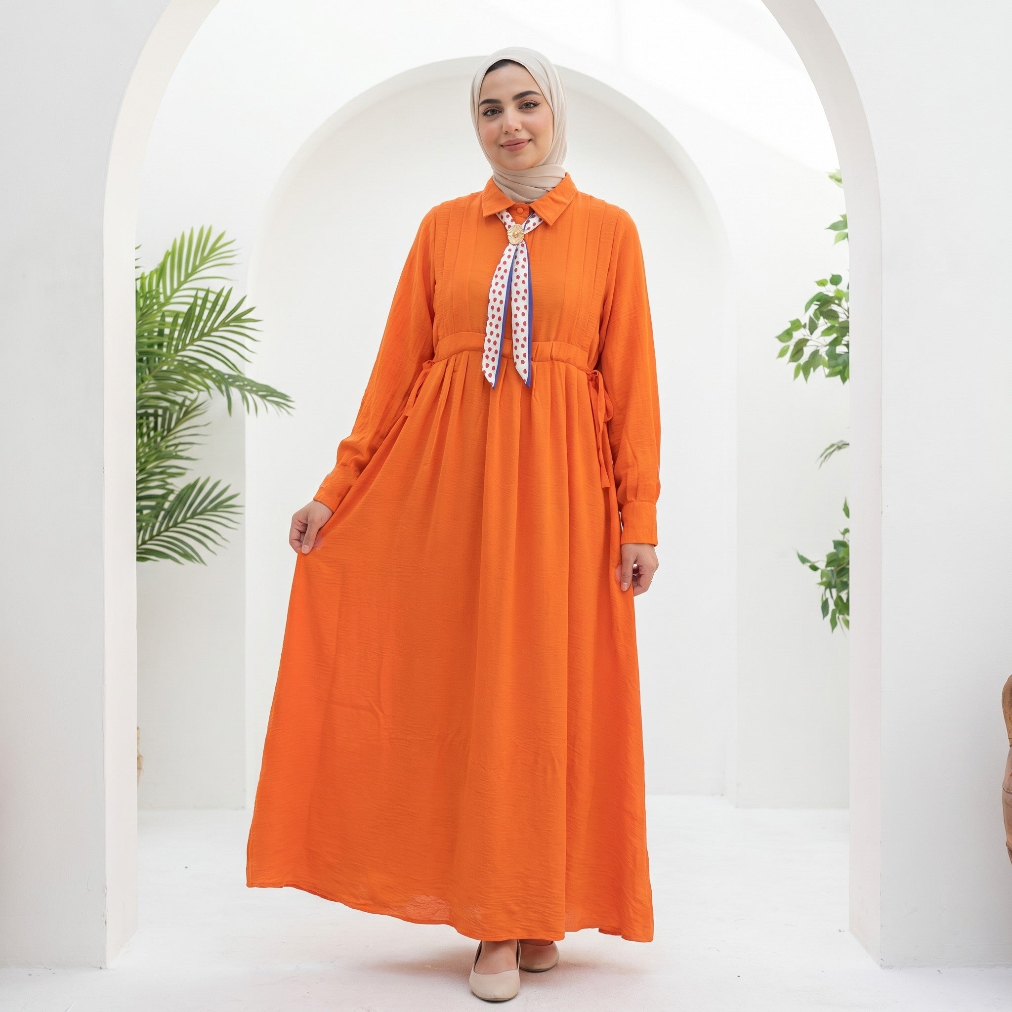 Linen Tie-Neck Dress full view | عرض كامل لـفستان كتان برباط رقبة – view 3 | لقطة 3