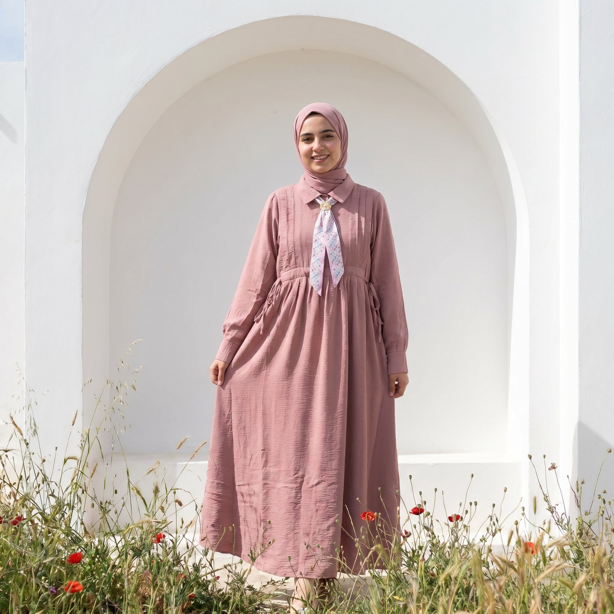 Linen Tie-Neck Dress full view | عرض كامل لـفستان كتان برباط رقبة – view 9 | لقطة 9