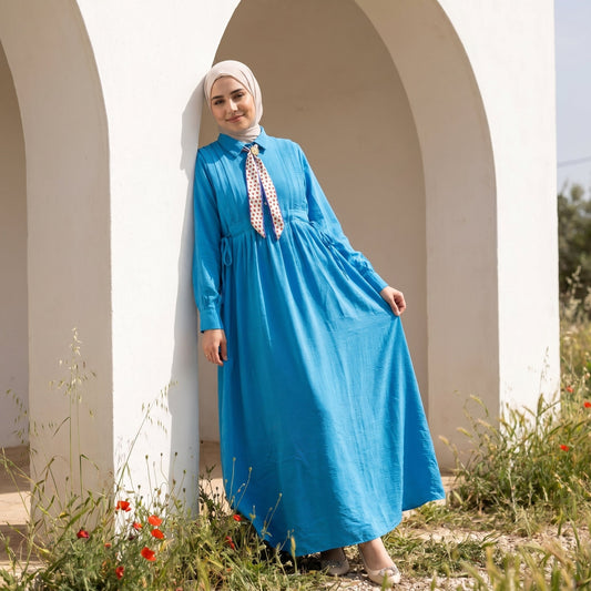 Linen Tie-Neck Dress full view | عرض كامل لـفستان كتان برباط رقبة – view 2 | لقطة 2