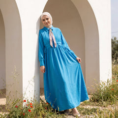 Linen Tie-Neck Dress full view | عرض كامل لـفستان كتان برباط رقبة – view 2 | لقطة 2