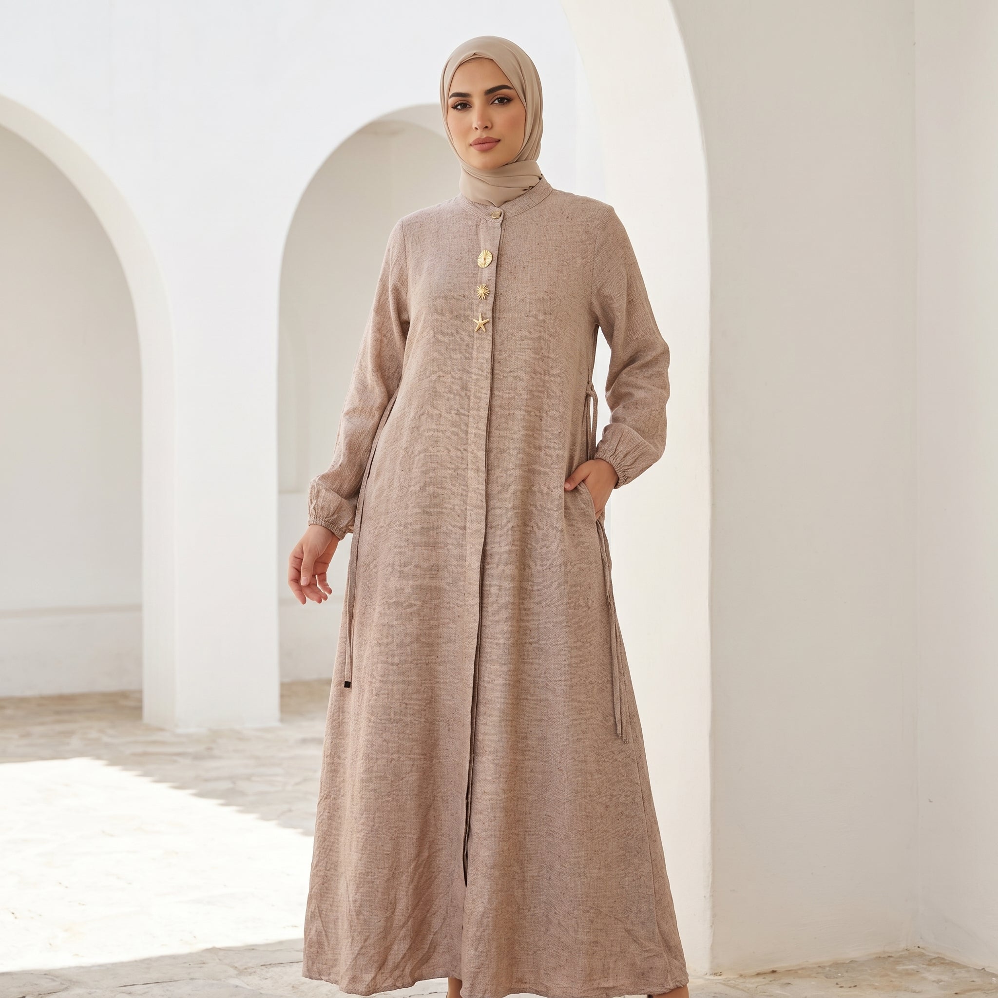 Linen Dress with Side Pockets full view | عرض كامل لـفستان كتان بجيوب جانبية – view 6 | لقطة 6