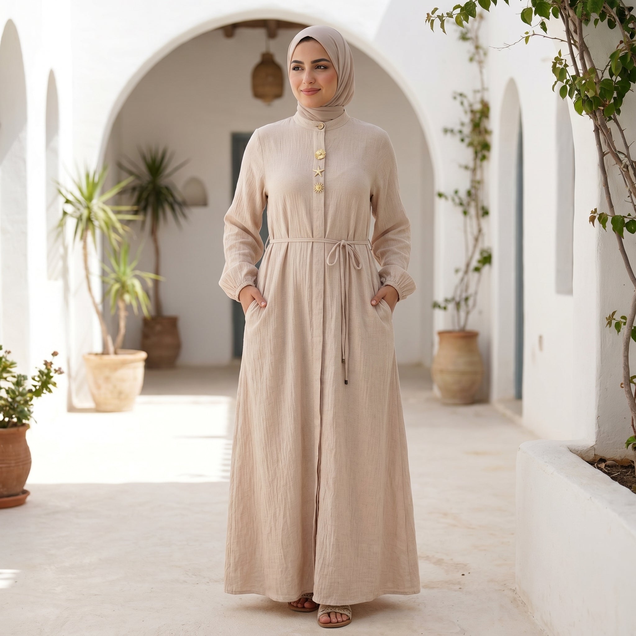Linen Dress with Side Pockets full view | عرض كامل لـفستان كتان بجيوب جانبية – view 9 | لقطة 9