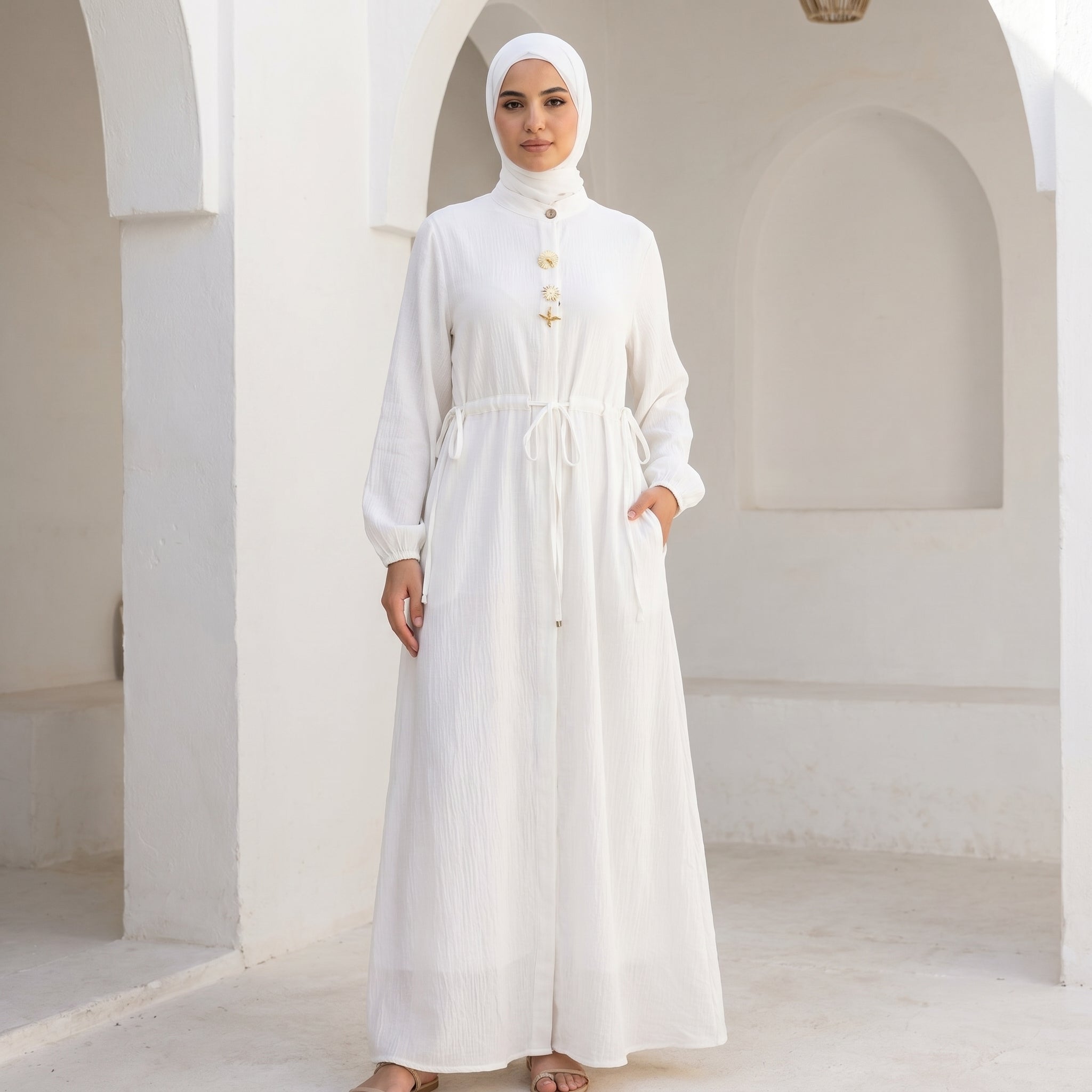 Linen Dress with Side Pockets full view | عرض كامل لـفستان كتان بجيوب جانبية – view 4 | لقطة 4