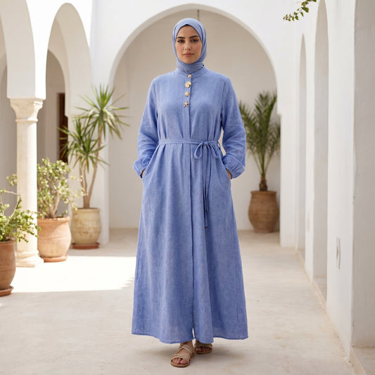 Linen Dress with Side Pockets full view | عرض كامل لـفستان كتان بجيوب جانبية – view 2 | لقطة 2