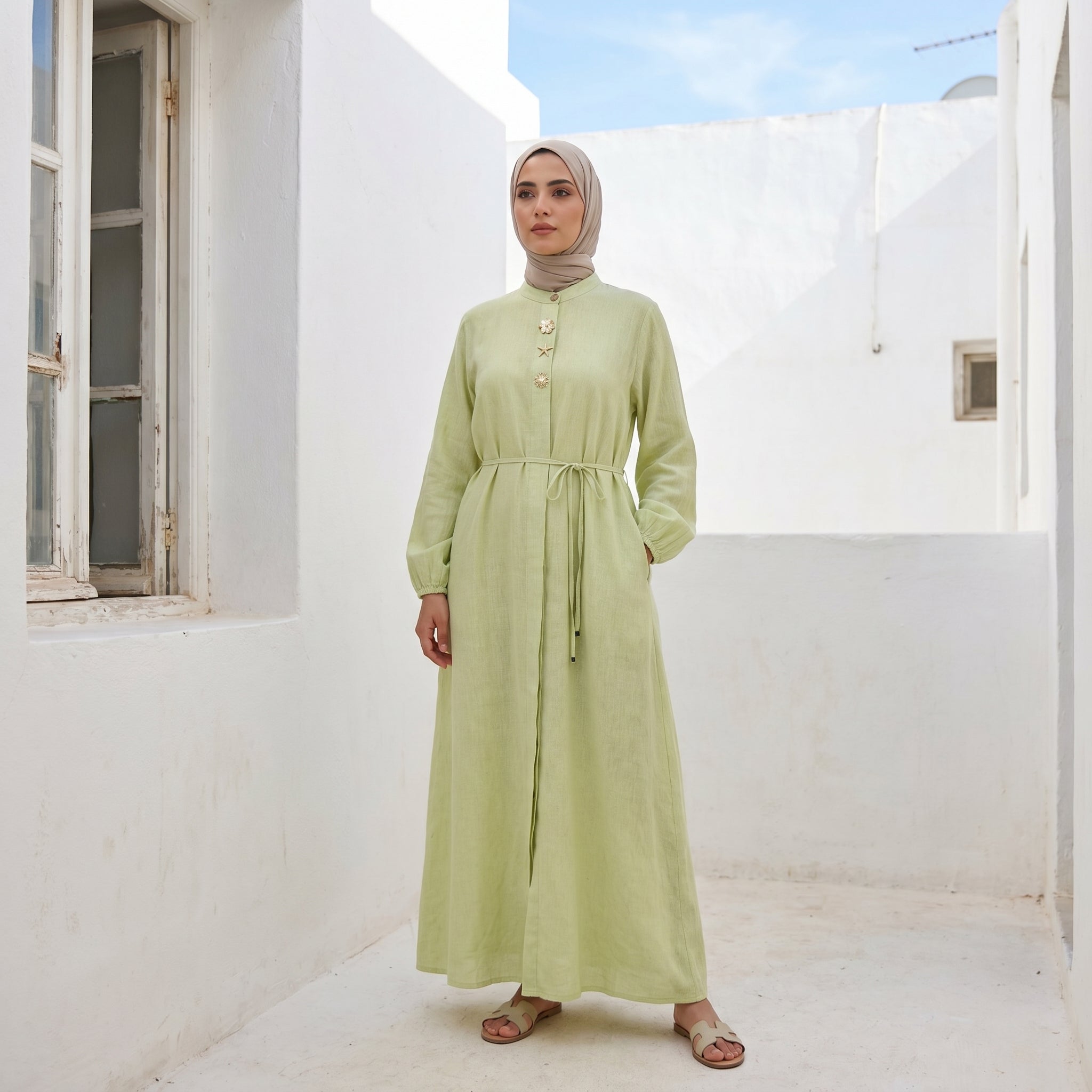 Linen Dress with Side Pockets full view | عرض كامل لـفستان كتان بجيوب جانبية – view 10 | لقطة 10