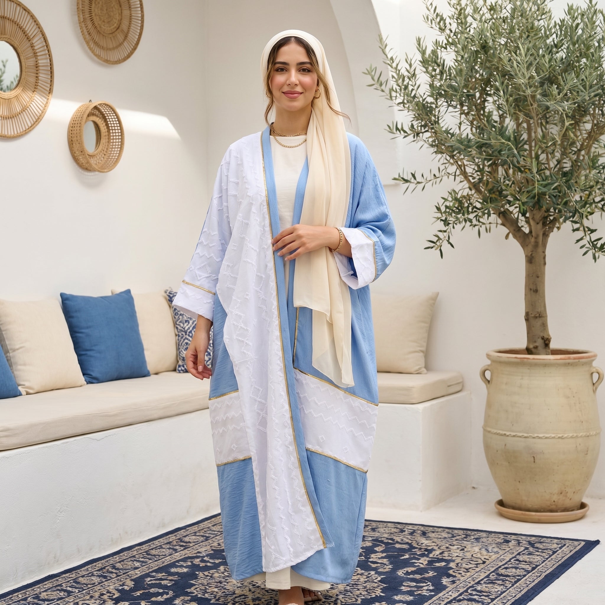 Two-Tone Textured Linen Cardigan full view | عرض كامل لـكارديجان كتان بلونين وملمس بارز – view 1 | لقطة 1
