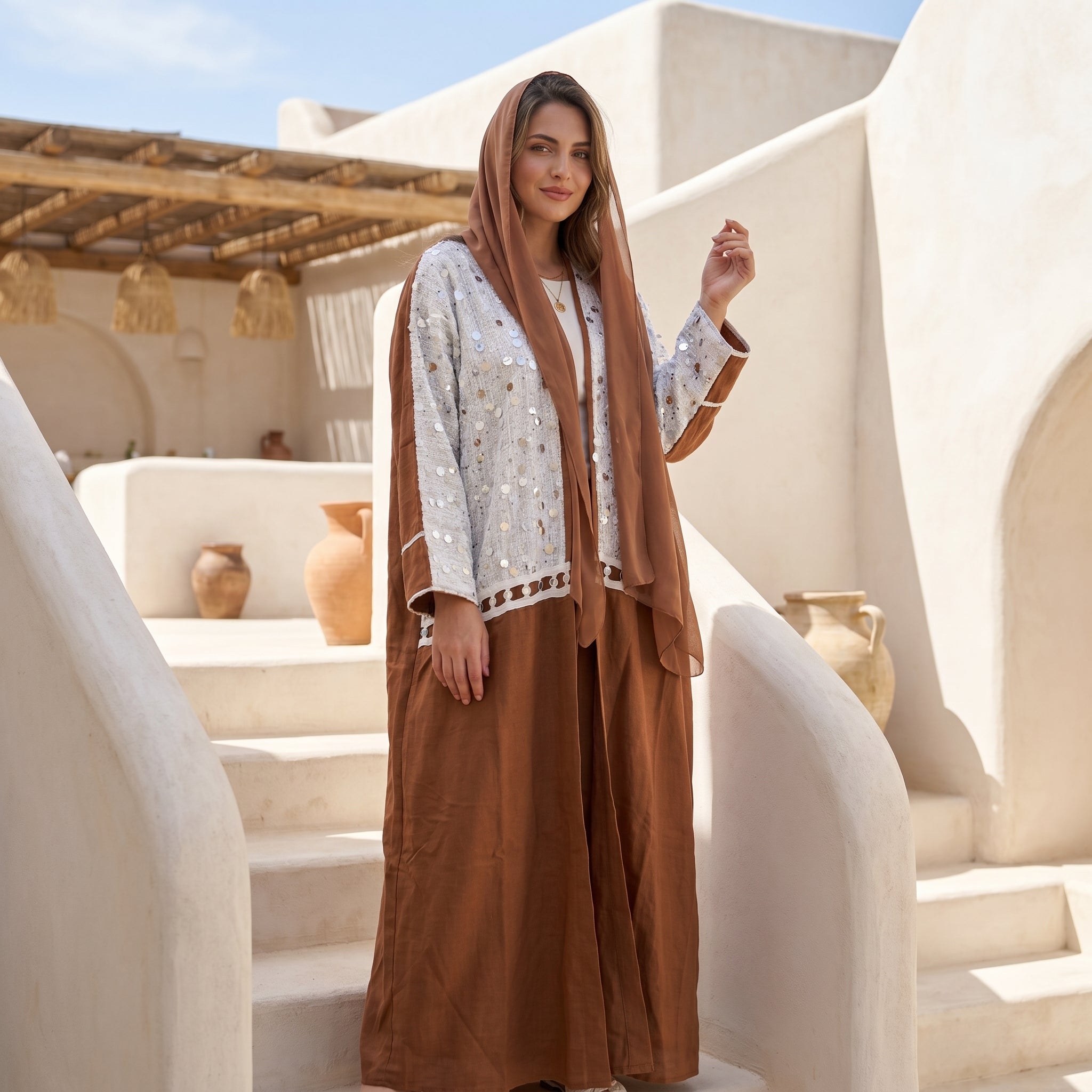 Pure Linen Cardigan with Mirror Sequins full view | عرض كامل لـكارديجان كتان خالص بترتر مرايا – view 2 | لقطة 2