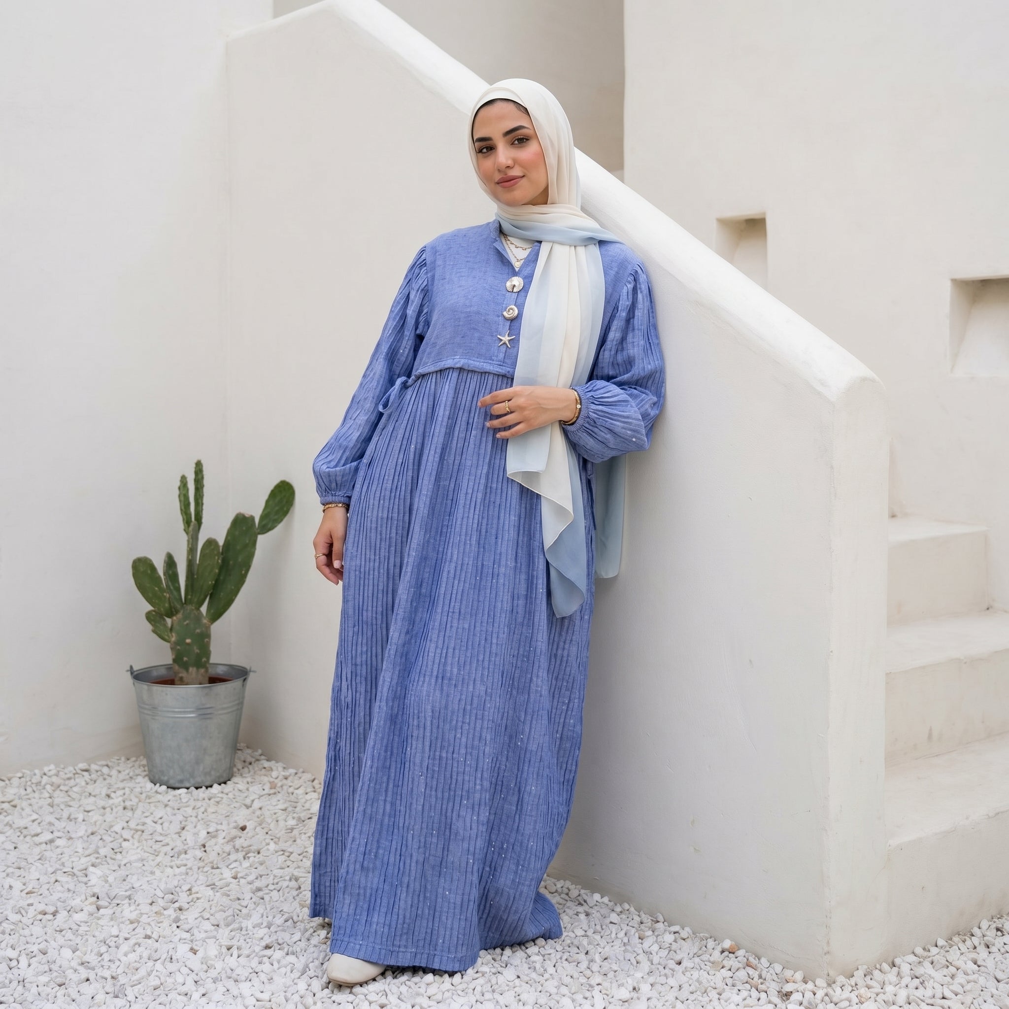 Pleated Linen Dress with Strass full view | عرض كامل لـفستان كتان بليسيه وستراس – view 6 | لقطة 6