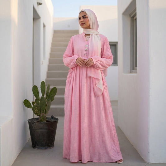 Pleated Linen Dress with Strass full view | عرض كامل لـفستان كتان بليسيه وستراس – view 2 | لقطة 2