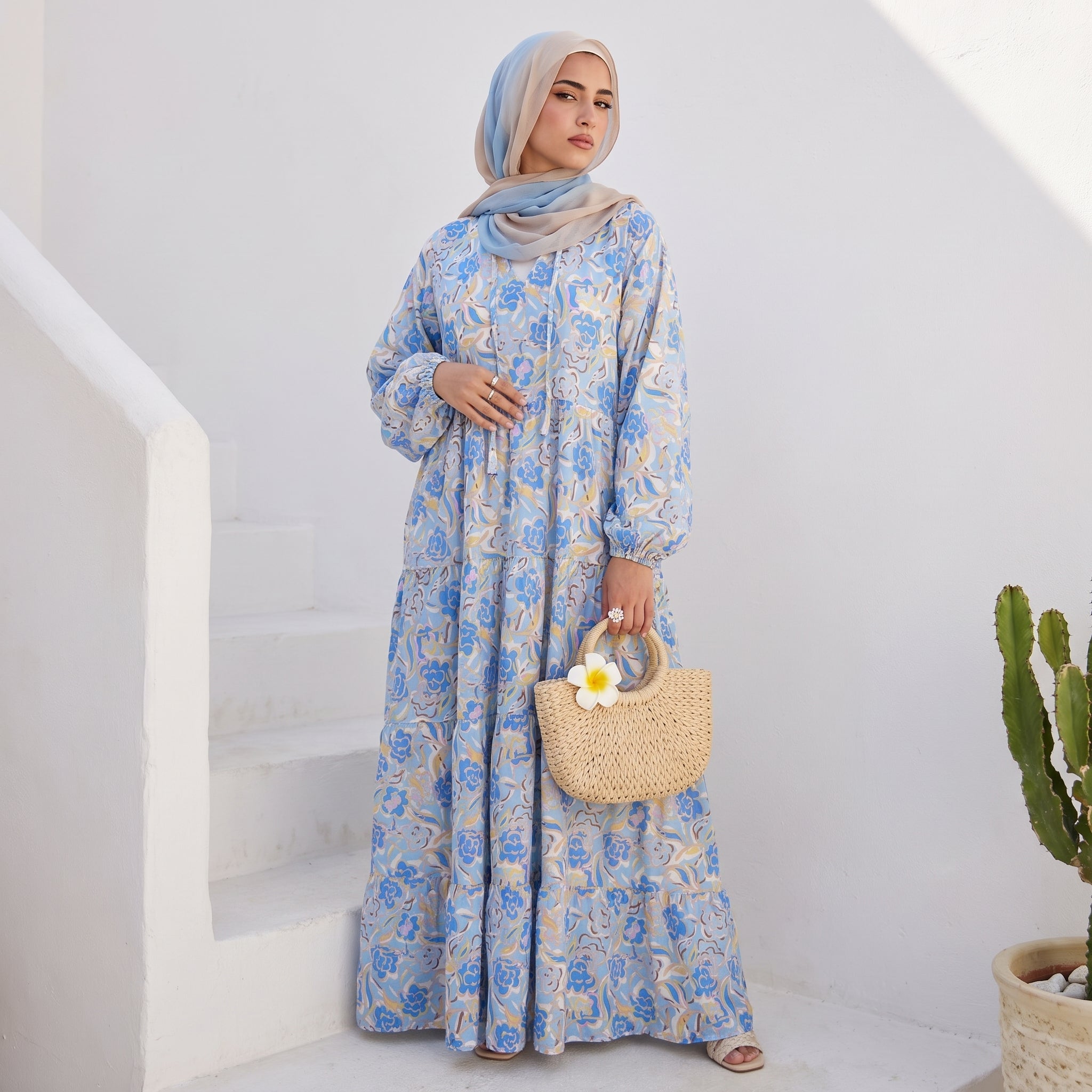 Printed Cotton Dress – Soft Colors full view | عرض كامل لـفستان قطن مطبوع بألوان هادئة – view 2 | لقطة 2