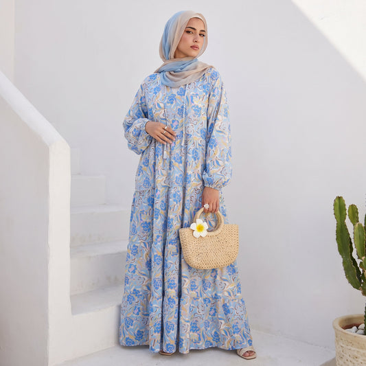 Printed Cotton Dress – Soft Colors full view | عرض كامل لـفستان قطن مطبوع بألوان هادئة – view 2 | لقطة 2