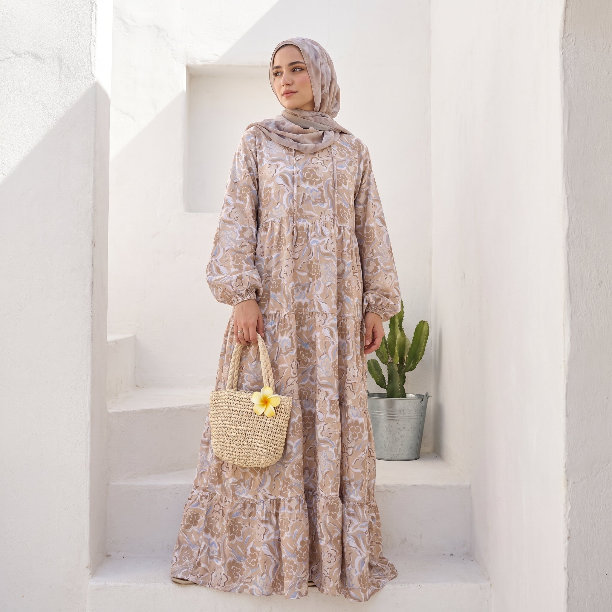Printed Cotton Dress – Soft Colors full view | عرض كامل لـفستان قطن مطبوع بألوان هادئة – view 4 | لقطة 4