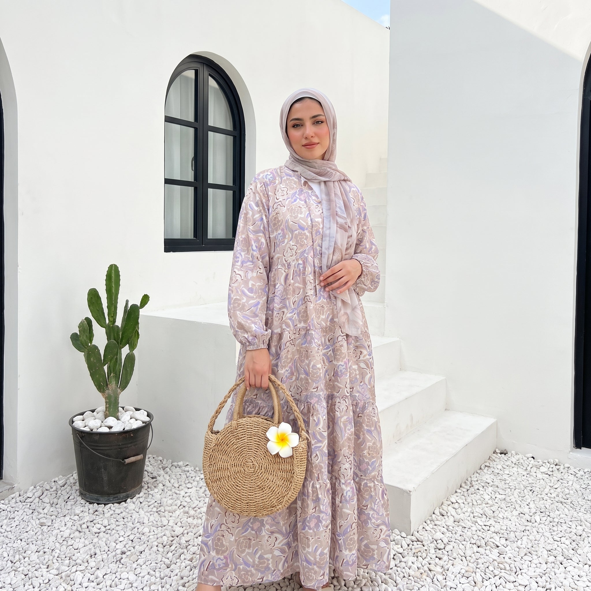 Printed Cotton Dress – Soft Colors full view | عرض كامل لـفستان قطن مطبوع بألوان هادئة – view 1 | لقطة 1