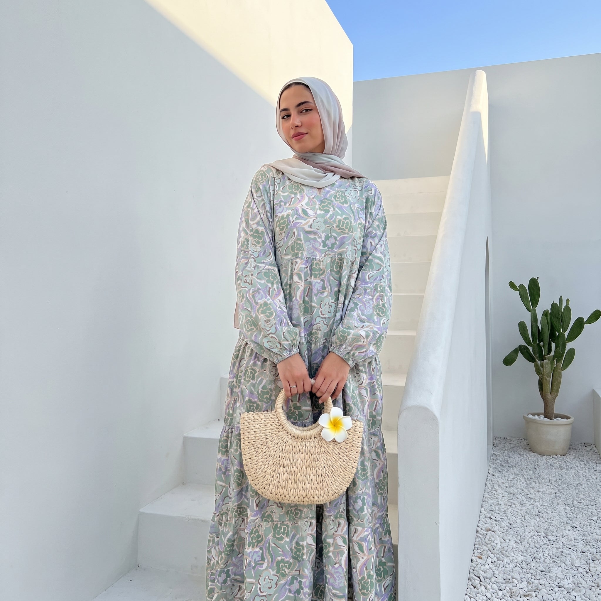 Printed Cotton Dress – Soft Colors full view | عرض كامل لـفستان قطن مطبوع بألوان هادئة – view 3 | لقطة 3