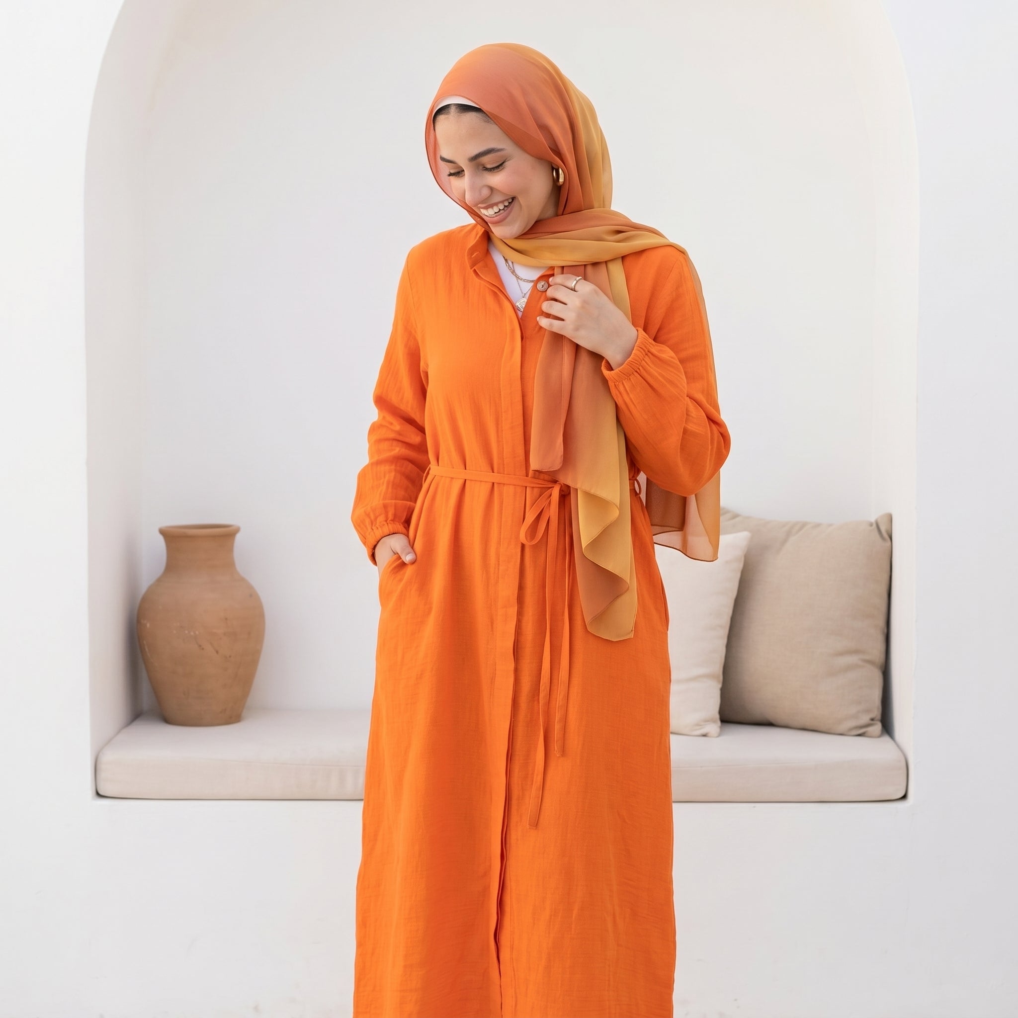 Linen Belted Dress full view | عرض كامل لـفستان كتان بحزام – view 6 | لقطة 6