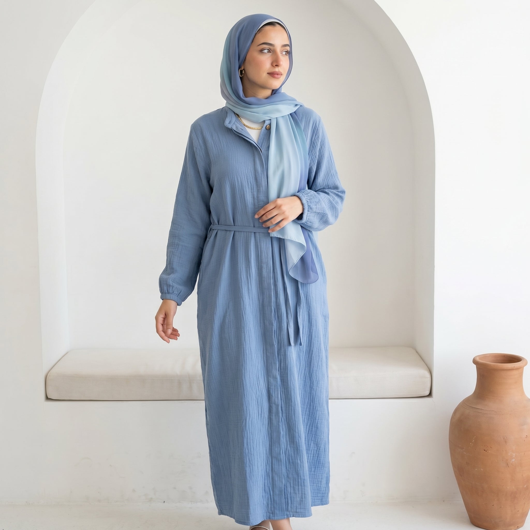 Linen Belted Dress full view | عرض كامل لـفستان كتان بحزام – view 3 | لقطة 3