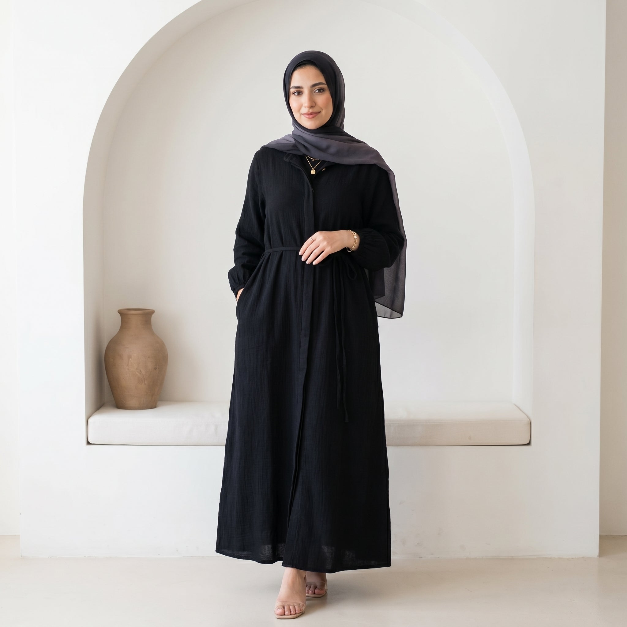 Linen Belted Dress full view | عرض كامل لـفستان كتان بحزام – view 2 | لقطة 2